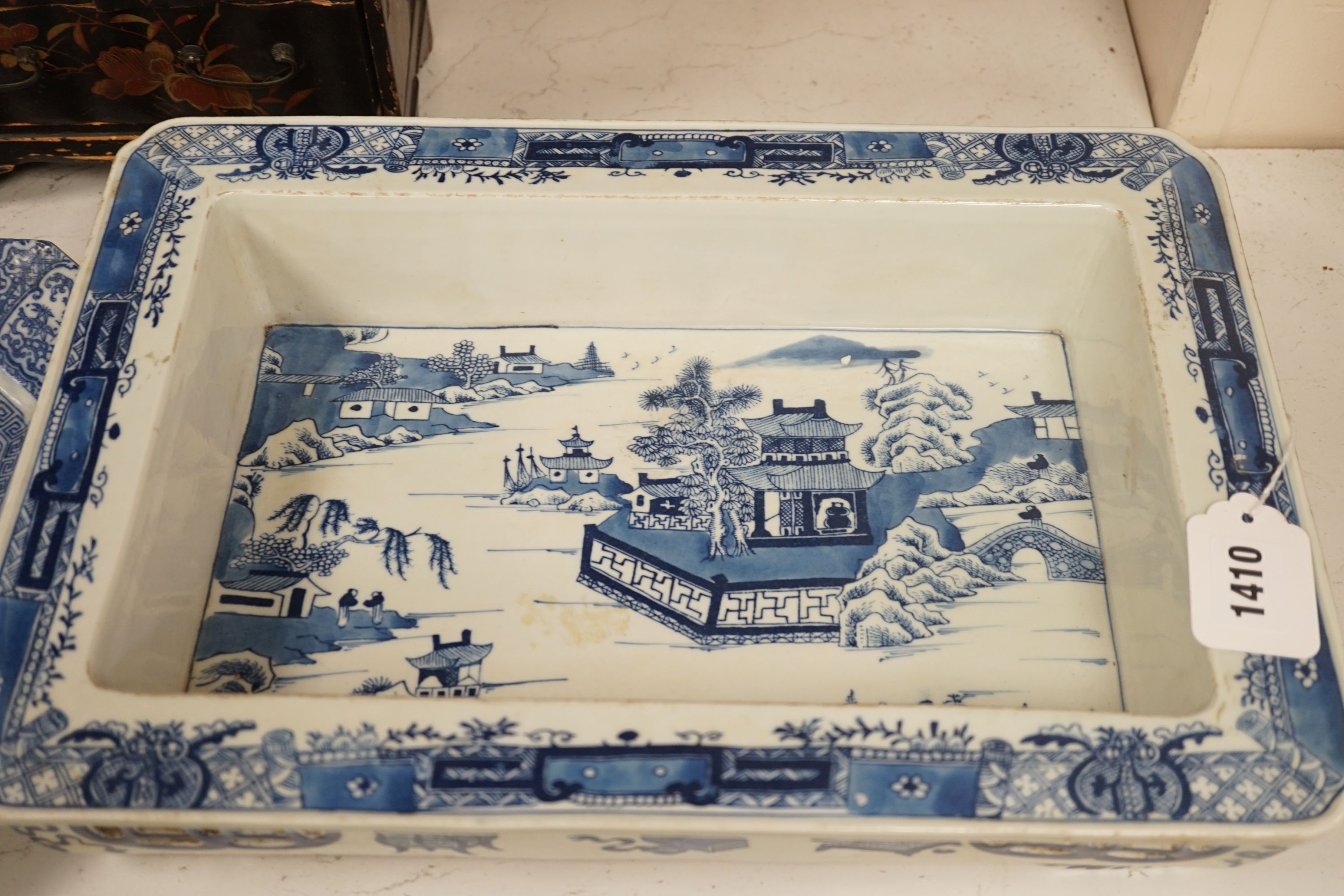 A rectangular Chinese dish, a square blue and white dish and a Japanese lacquer cabinet, rectangular dish 40 cms wide x 28 cms deep.